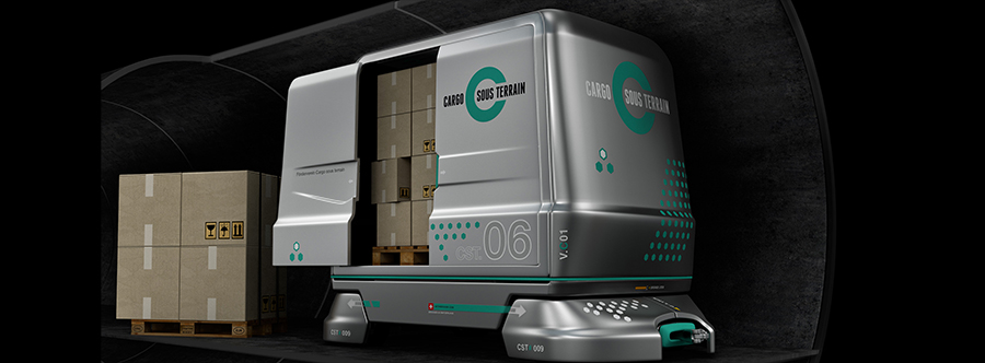 Cargo  sous  terrain  Fahrzeuge  transportieren Waren durch den Tunnel.